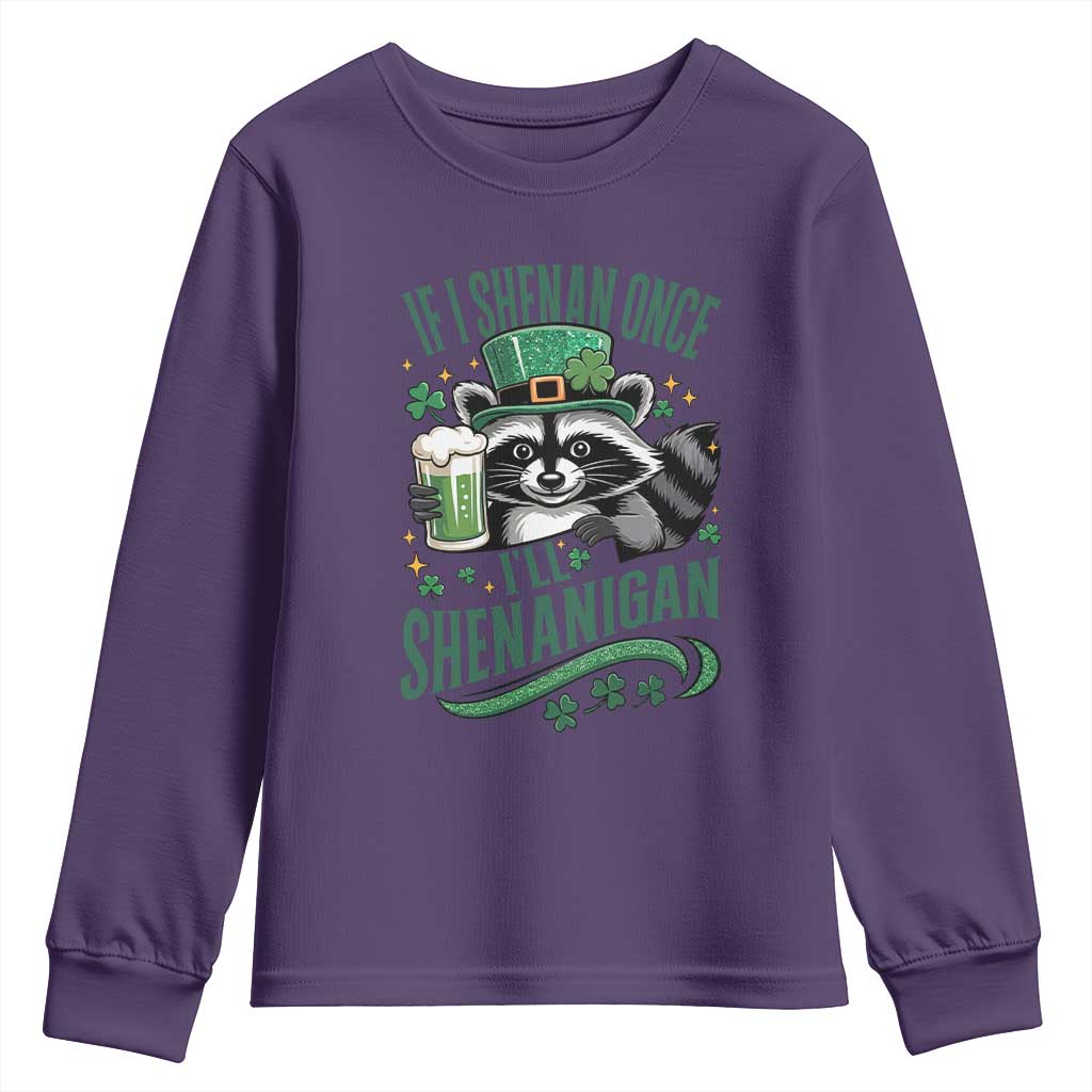 Funny St Patricks Day Raccoon Drinking Beer Youth Sweatshirt If I Shenan Once I'll Shenanigan TS14 Purple Print Your Wear