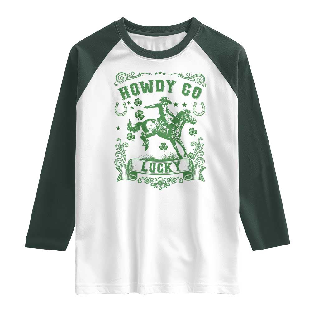 Cowboy St Patrick's Day Raglan Shirt Howdy Go Lucky TS14 White Dark Forest Green Print Your Wear