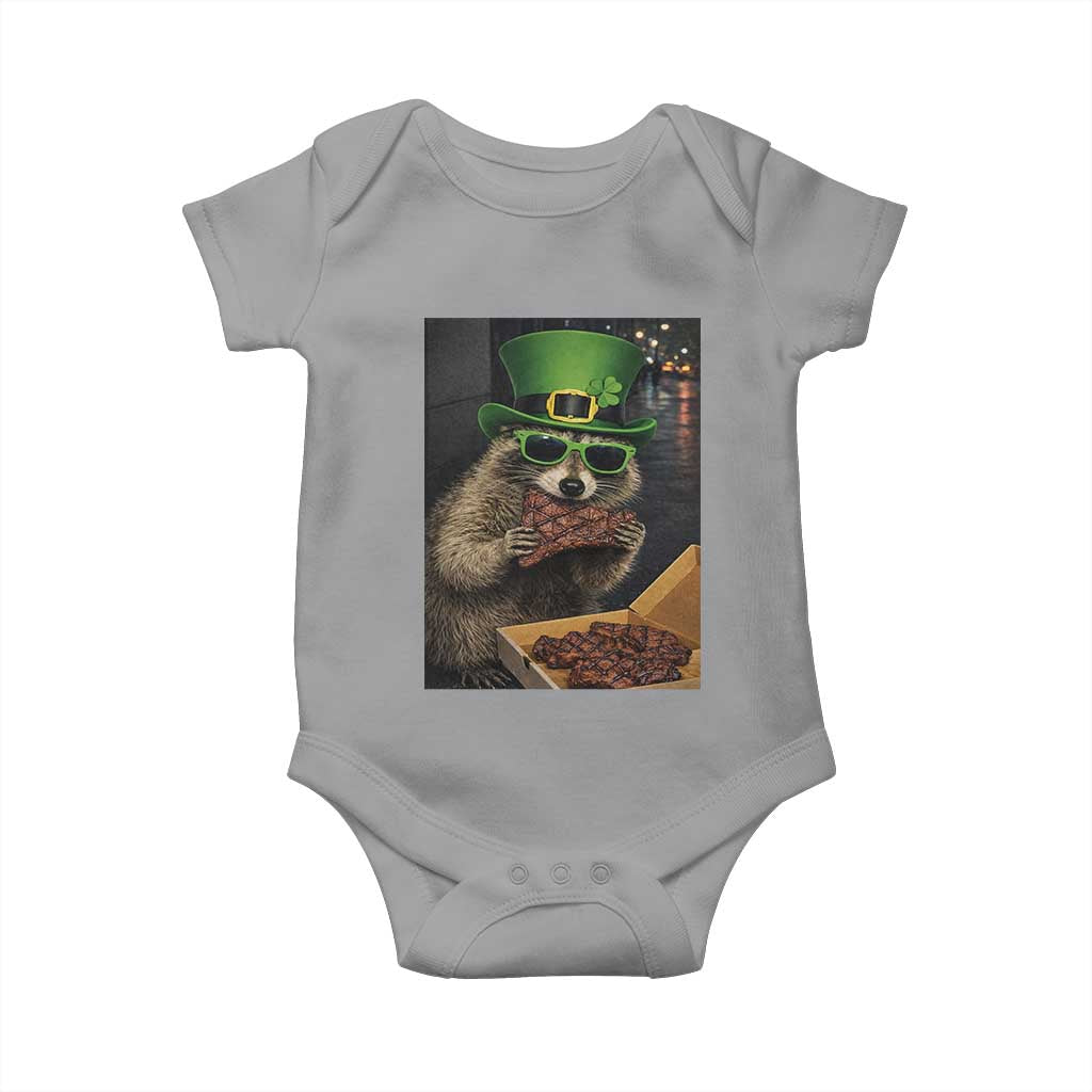 Funny Raccoon St Patrick's Day Baby Onesie Raccoon Eating Corned Beef Meme TS14 Sport Gray Print Your Wear