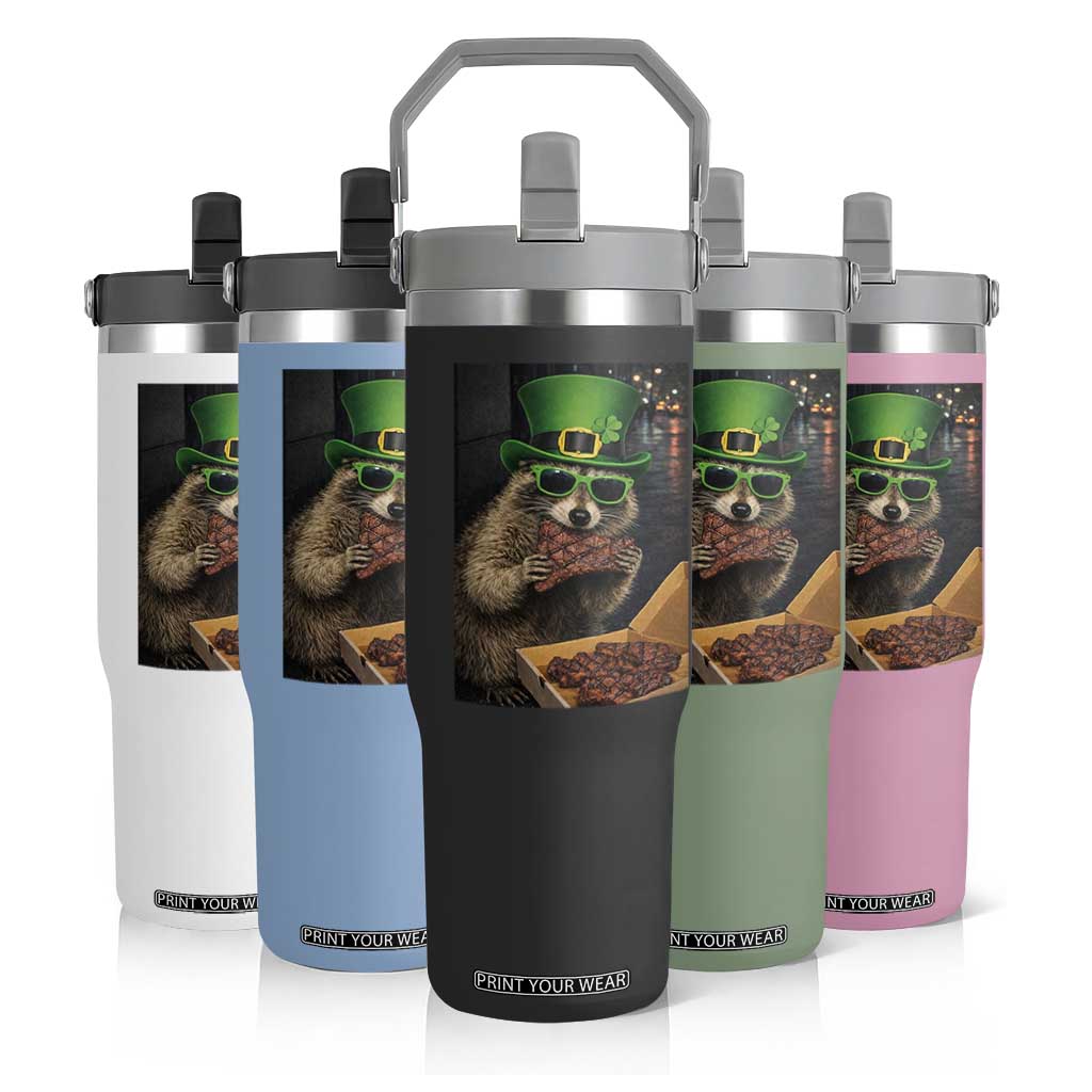 Funny Raccoon St Patrick's Day Flip Straw Tumbler Raccoon Eating Corned Beef Meme TS14 Print Your Wear