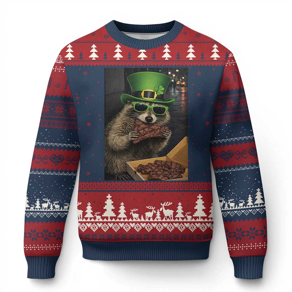 Funny Raccoon St Patrick's Day Ugly Christmas Sweater Raccoon Eating Corned Beef Meme TS14 Navy Red Print Your Wear