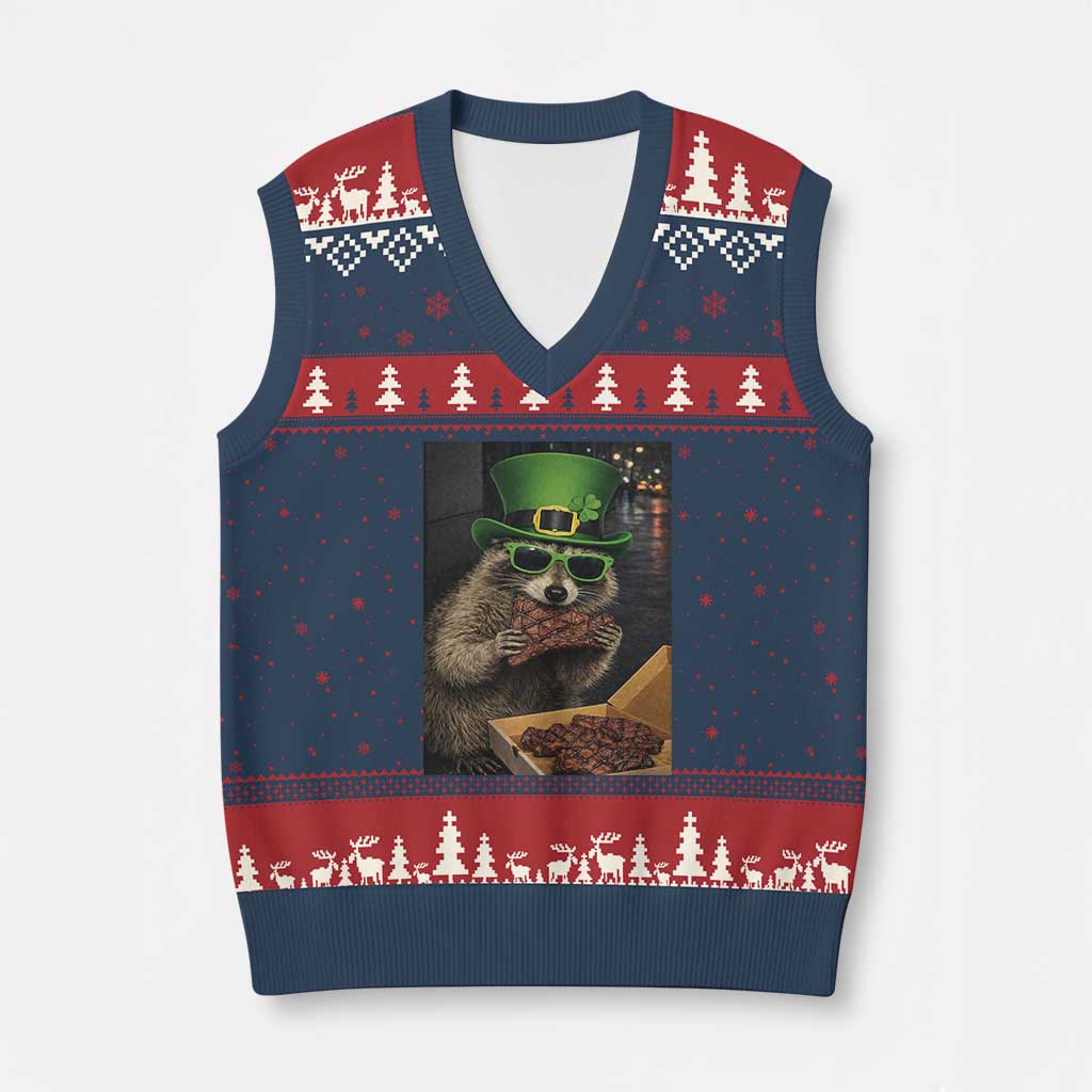 Funny Raccoon St Patrick's Day V-Neck Knit Sweater Vest Raccoon Eating Corned Beef Meme TS14 Navy Red Print Your Wear