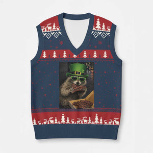 Funny Raccoon St Patrick's Day V-Neck Knit Sweater Vest Raccoon Eating Corned Beef Meme TS14 Navy Red Print Your Wear