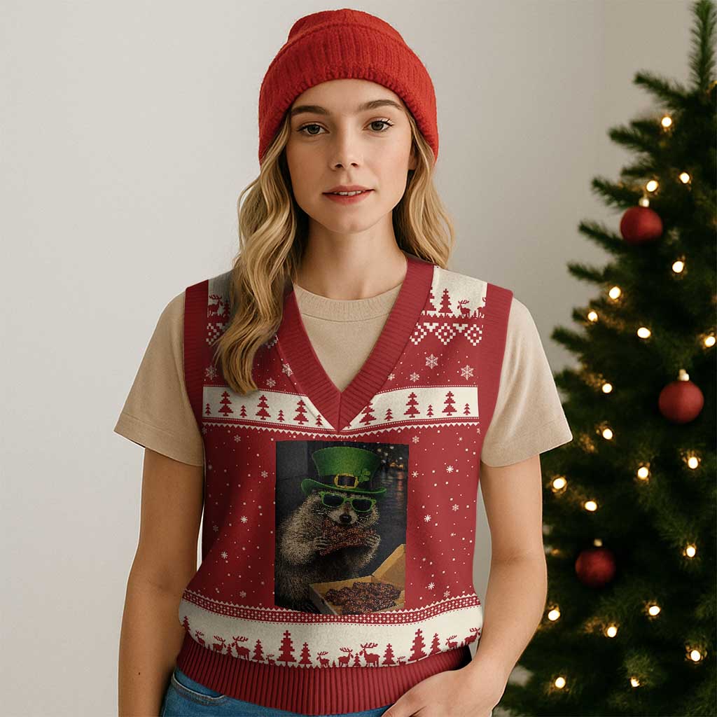 Funny Raccoon St Patrick's Day V-Neck Knit Sweater Vest Raccoon Eating Corned Beef Meme TS14 Red Beige Print Your Wear
