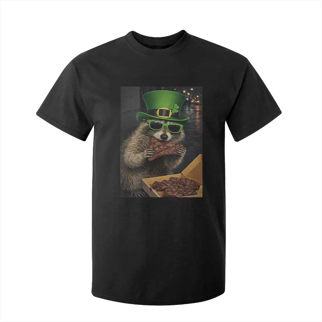 Funny Raccoon St Patrick's Day T Shirt For Kid Raccoon Eating Corned Beef Meme TS14 Black Print Your Wear