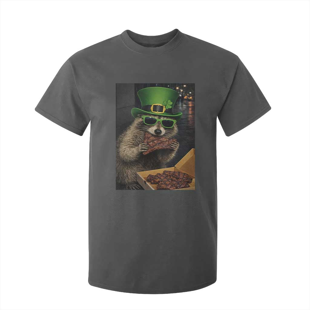 Funny Raccoon St Patrick's Day T Shirt For Kid Raccoon Eating Corned Beef Meme TS14 Dark Heather Print Your Wear