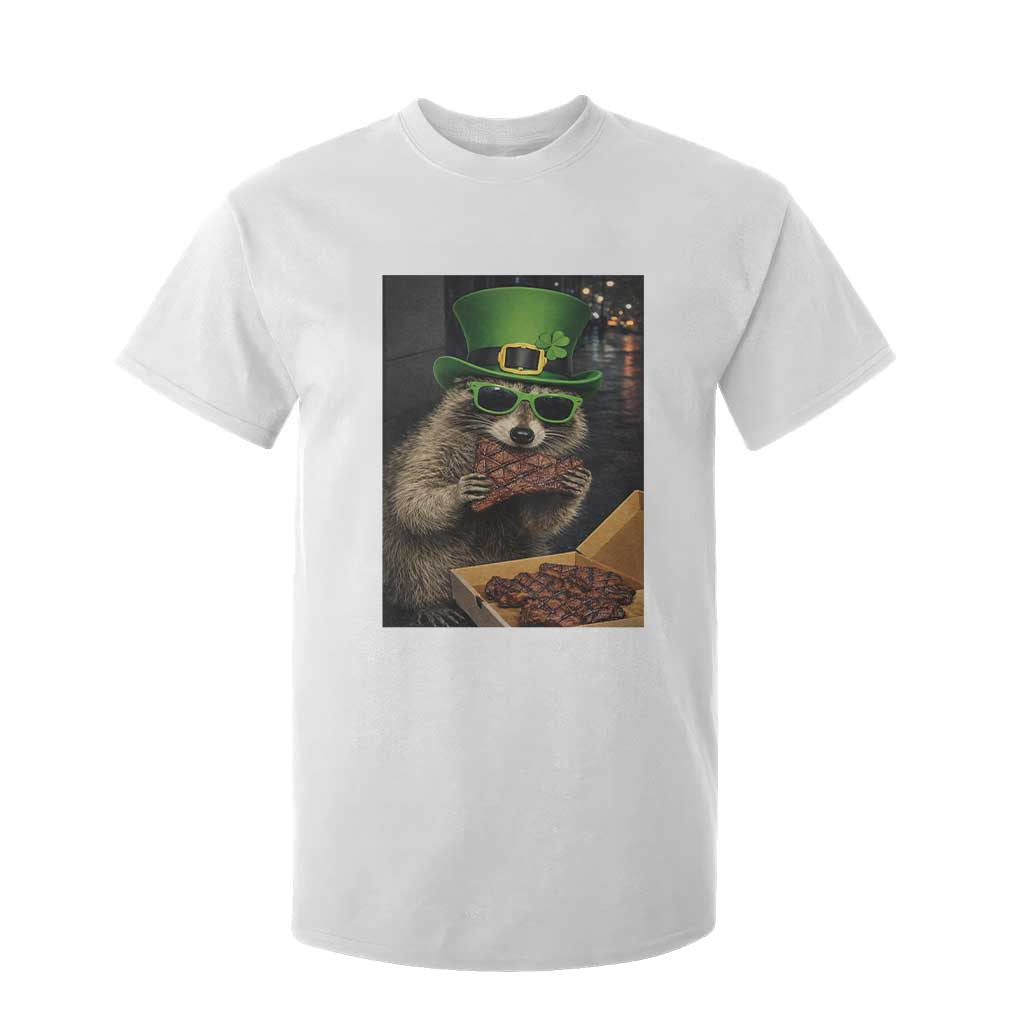 Funny Raccoon St Patrick's Day T Shirt For Kid Raccoon Eating Corned Beef Meme TS14 White Print Your Wear