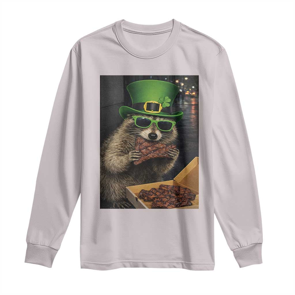 Funny Raccoon St Patrick's Day Long Sleeve Shirt Raccoon Eating Corned Beef Meme TS14 Ice Gray Print Your Wear