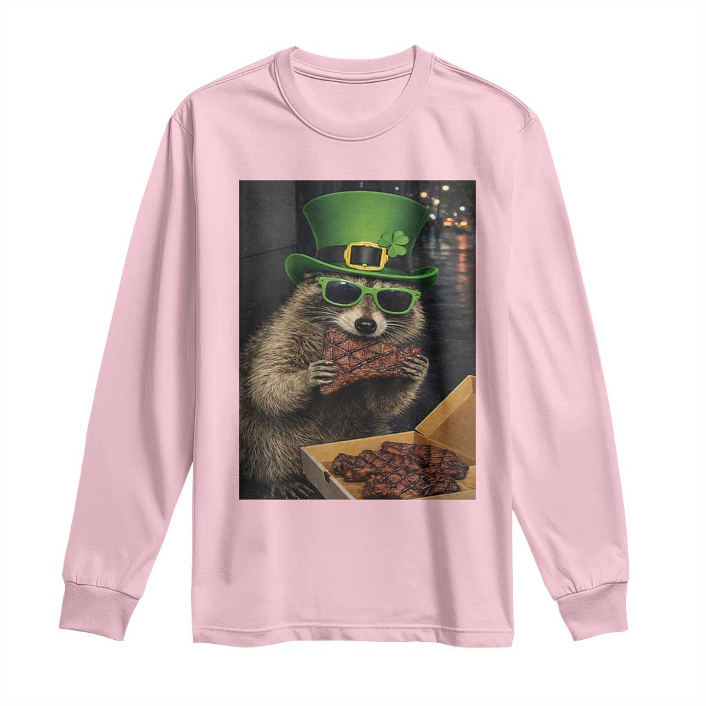 Funny Raccoon St Patrick's Day Long Sleeve Shirt Raccoon Eating Corned Beef Meme TS14 Light Pink Print Your Wear