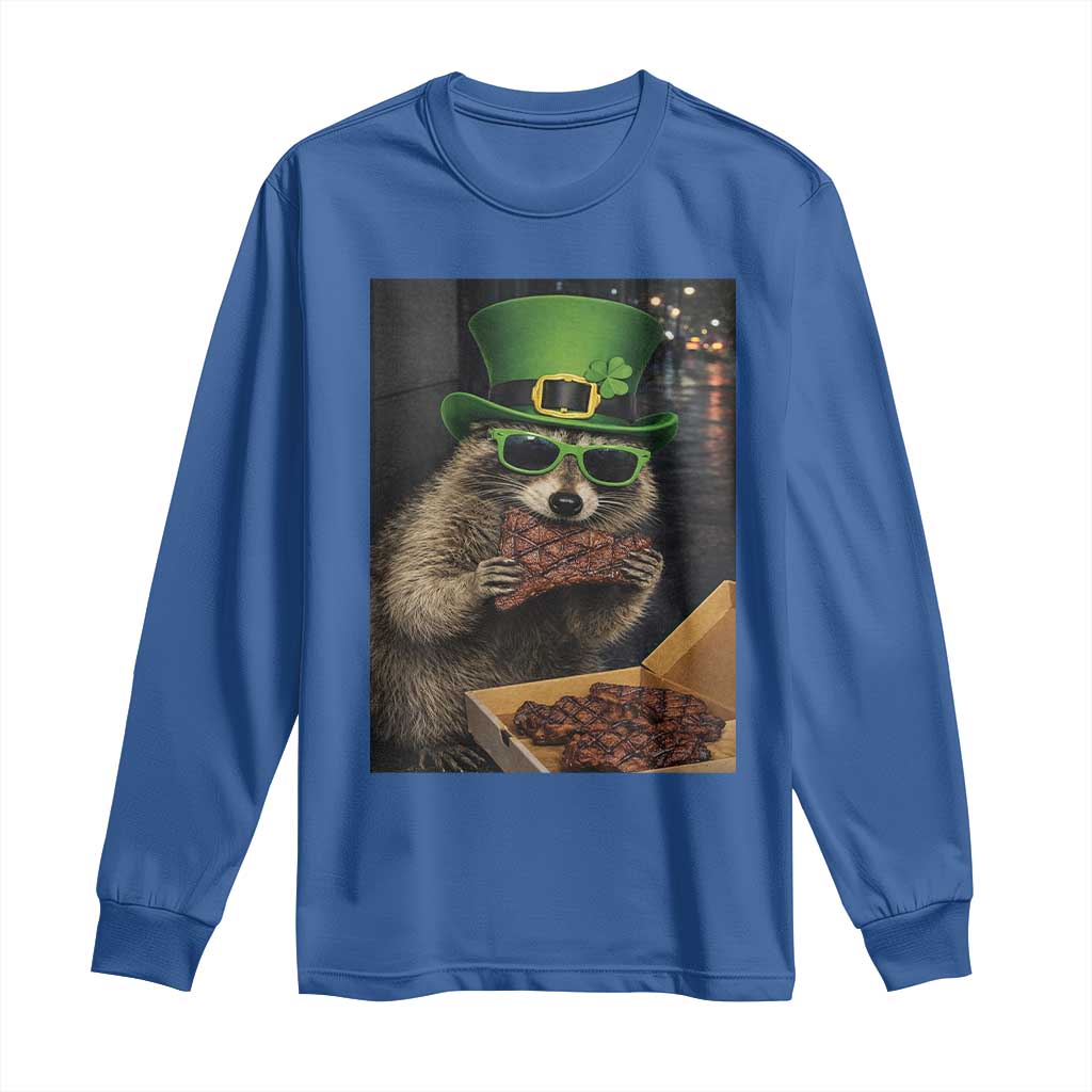 Funny Raccoon St Patrick's Day Long Sleeve Shirt Raccoon Eating Corned Beef Meme TS14 Royal Blue Print Your Wear