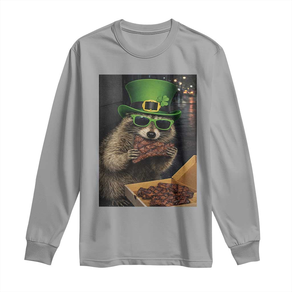 Funny Raccoon St Patrick's Day Long Sleeve Shirt Raccoon Eating Corned Beef Meme TS14 Sport Gray Print Your Wear