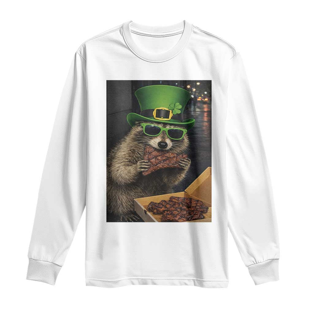 Funny Raccoon St Patrick's Day Long Sleeve Shirt Raccoon Eating Corned Beef Meme TS14 White Print Your Wear