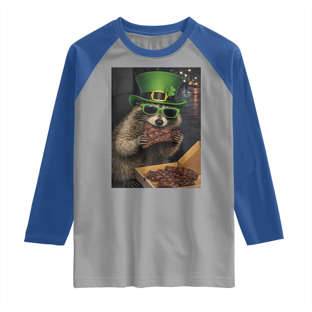Funny Raccoon St Patrick's Day Raglan Shirt Raccoon Eating Corned Beef Meme TS14 Sport Gray Royal Print Your Wear