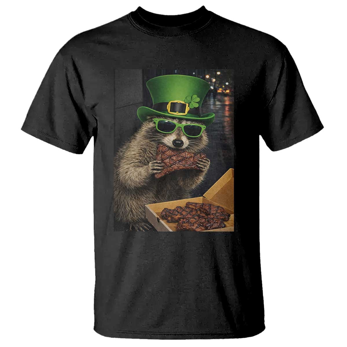 Funny Raccoon St Patrick's Day T Shirt Raccoon Eating Corned Beef Meme TS14 Black Print Your Wear