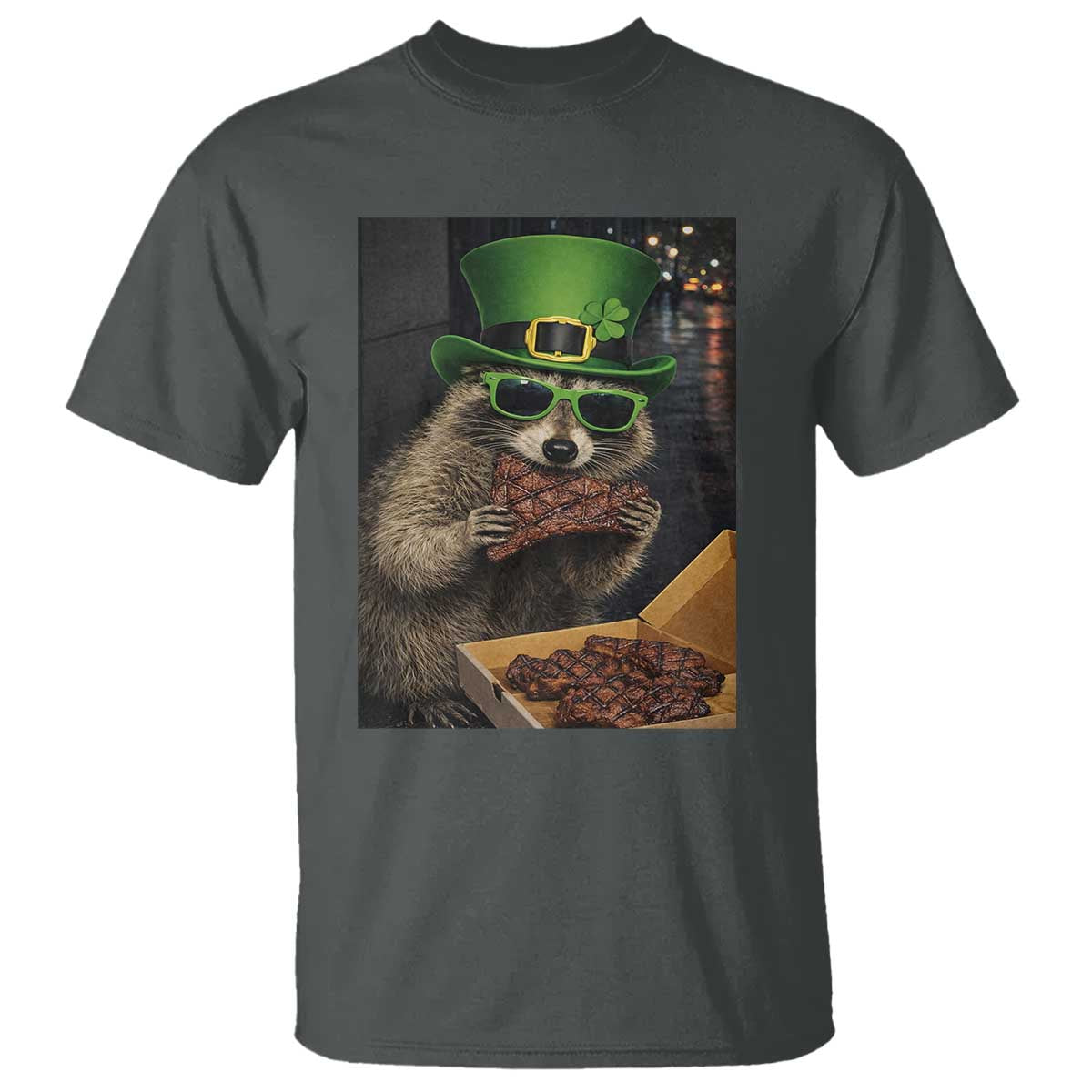 Funny Raccoon St Patrick's Day T Shirt Raccoon Eating Corned Beef Meme TS14 Dark Heather Print Your Wear