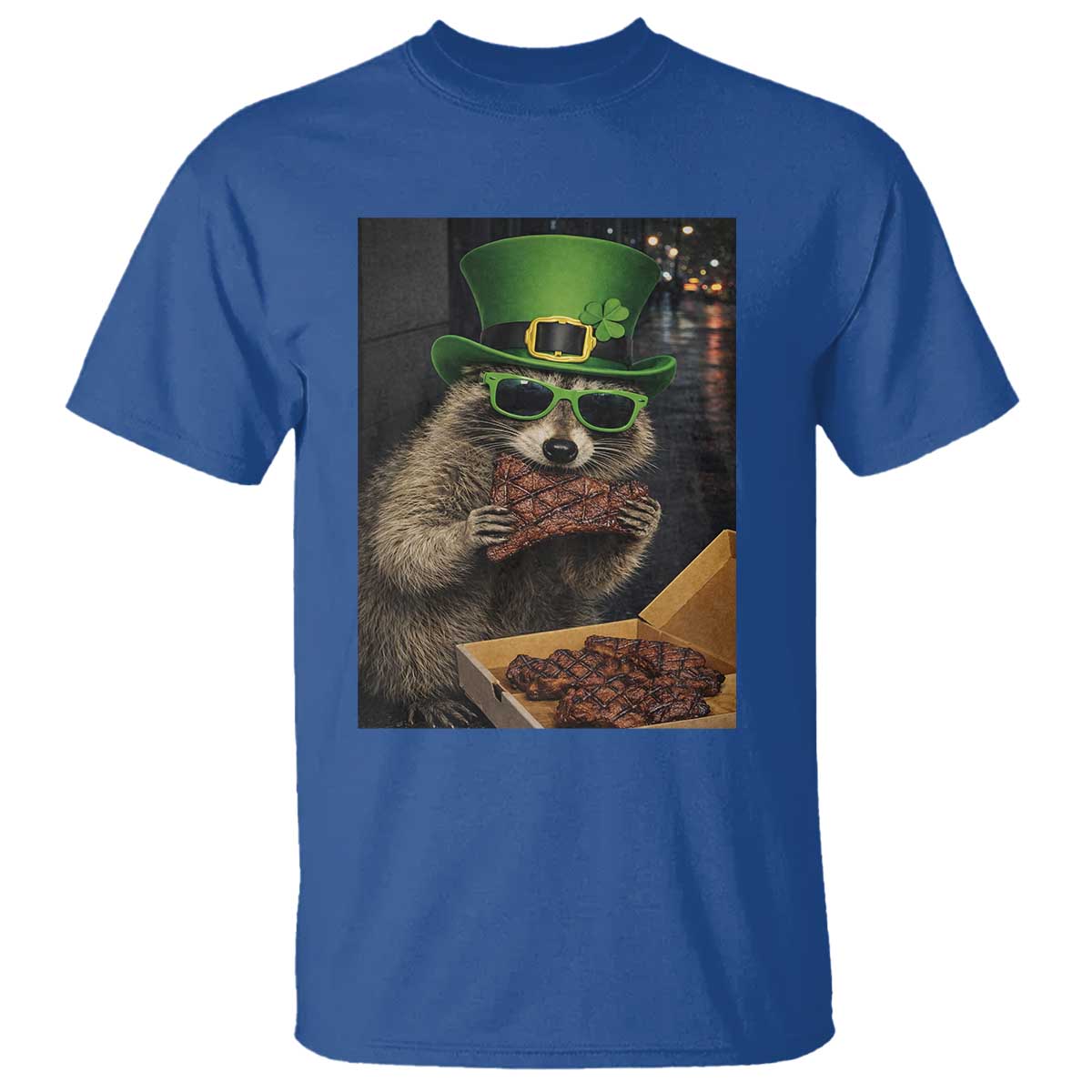 Funny Raccoon St Patrick's Day T Shirt Raccoon Eating Corned Beef Meme TS14 Royal Blue Print Your Wear