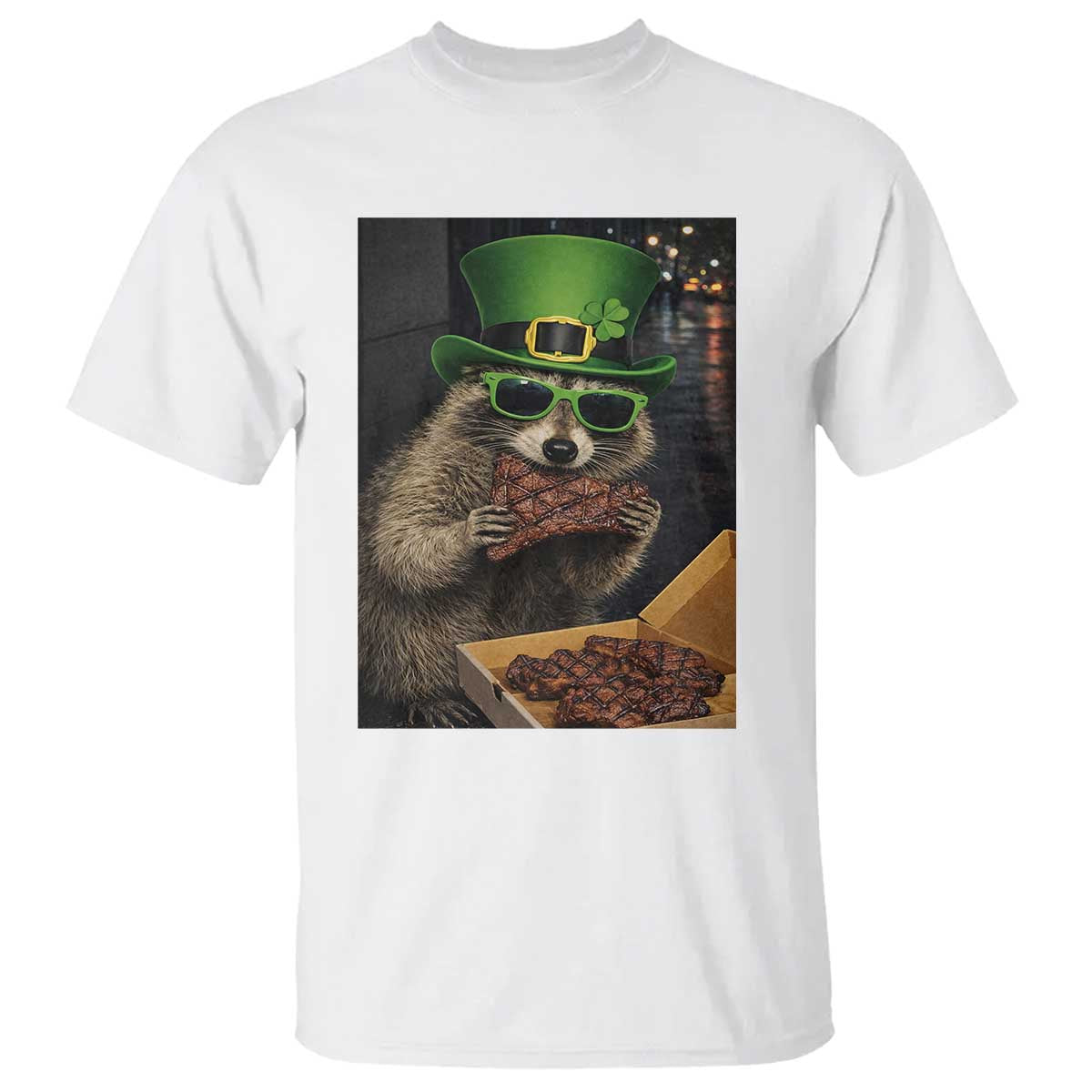 Funny Raccoon St Patrick's Day T Shirt Raccoon Eating Corned Beef Meme TS14 White Print Your Wear