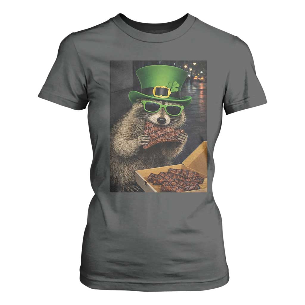 Funny Raccoon St Patrick's Day T Shirt For Women Raccoon Eating Corned Beef Meme TS14 Dark Heather Print Your Wear