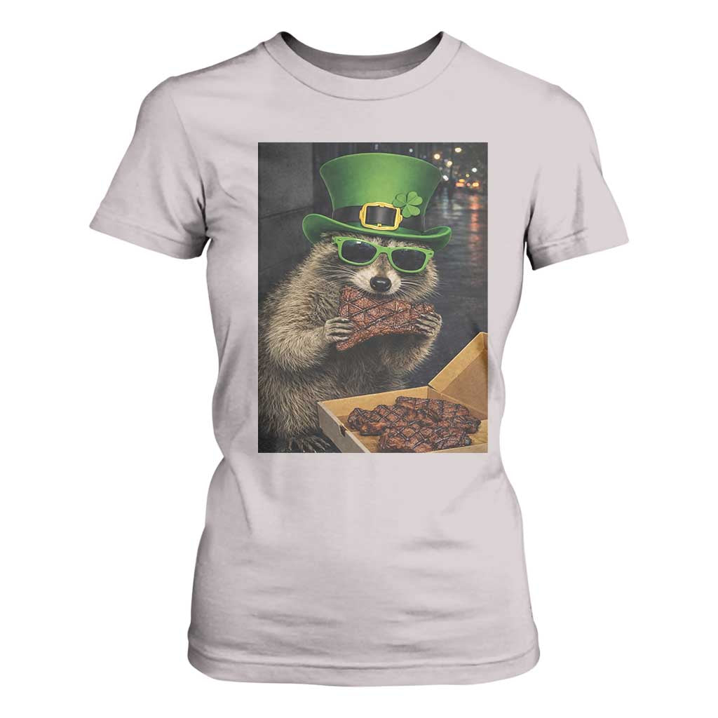 Funny Raccoon St Patrick's Day T Shirt For Women Raccoon Eating Corned Beef Meme TS14 Ice Gray Print Your Wear