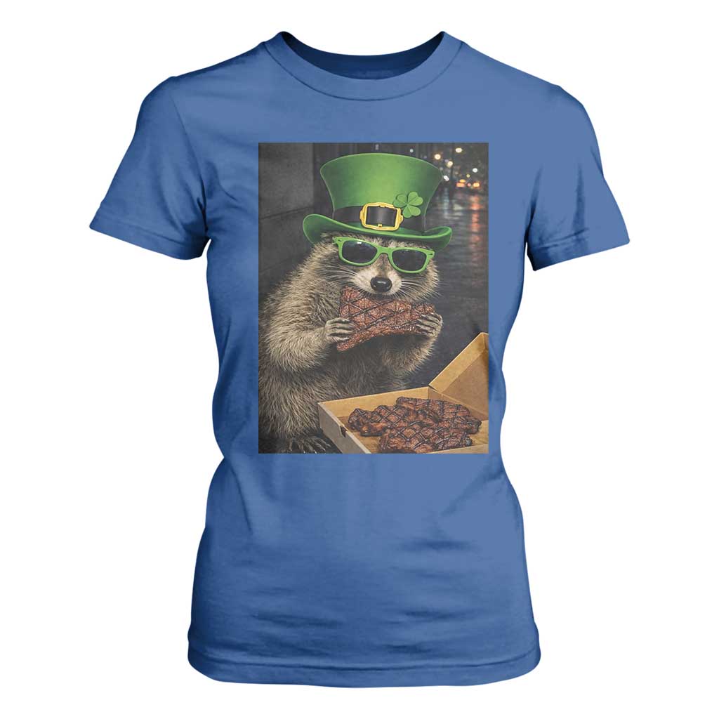 Funny Raccoon St Patrick's Day T Shirt For Women Raccoon Eating Corned Beef Meme TS14 Royal Blue Print Your Wear
