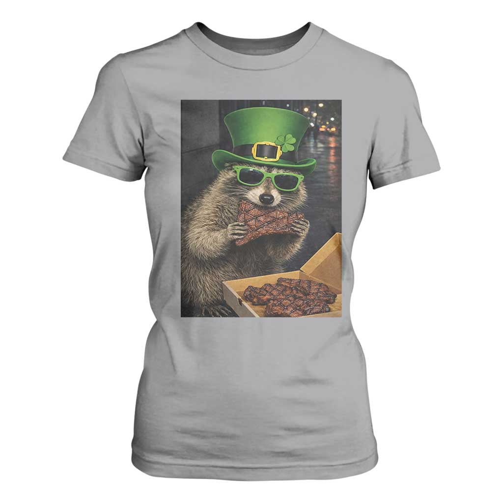 Funny Raccoon St Patrick's Day T Shirt For Women Raccoon Eating Corned Beef Meme TS14 Sport Gray Print Your Wear