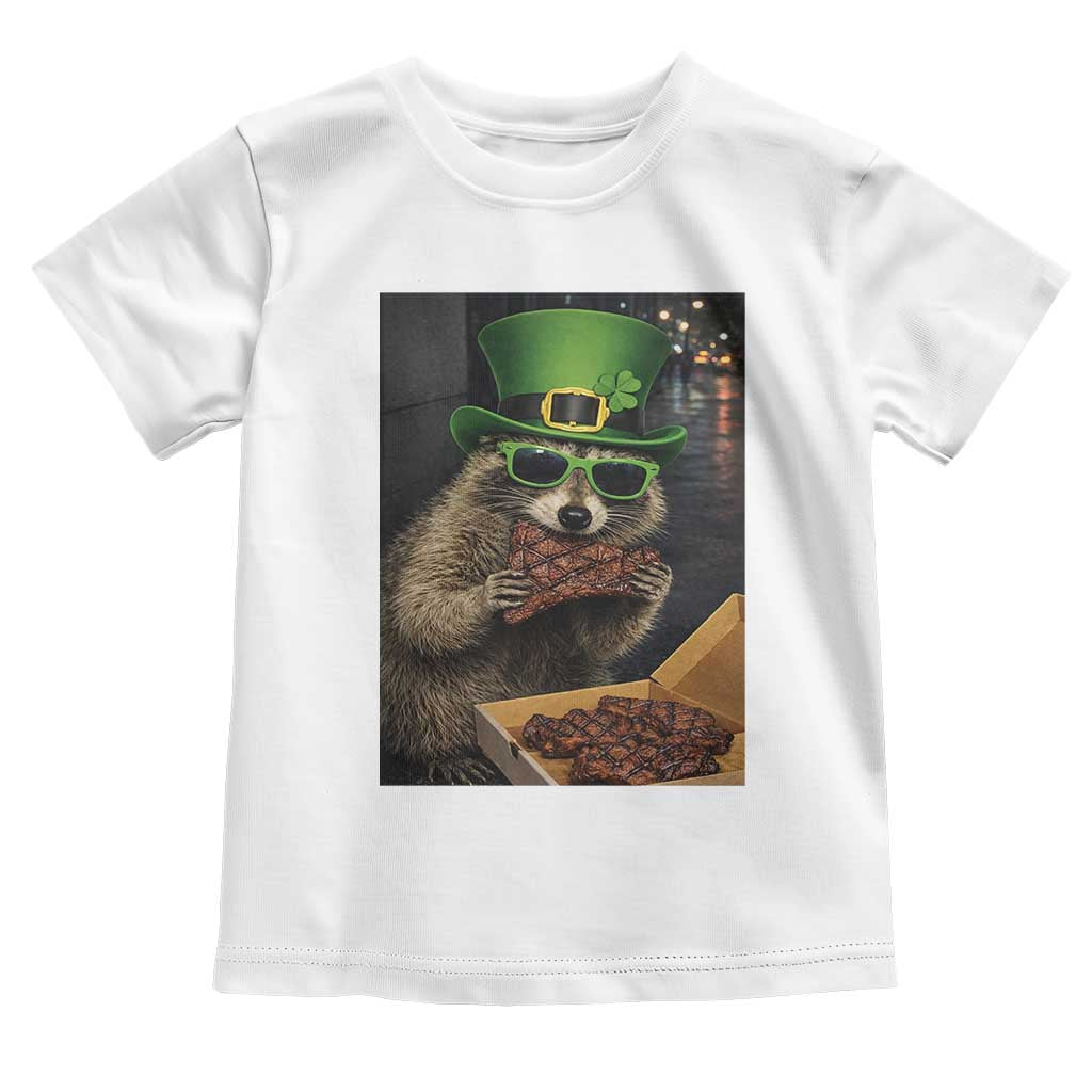 Funny Raccoon St Patrick's Day Toddler T Shirt Raccoon Eating Corned Beef Meme TS14 White Print Your Wear