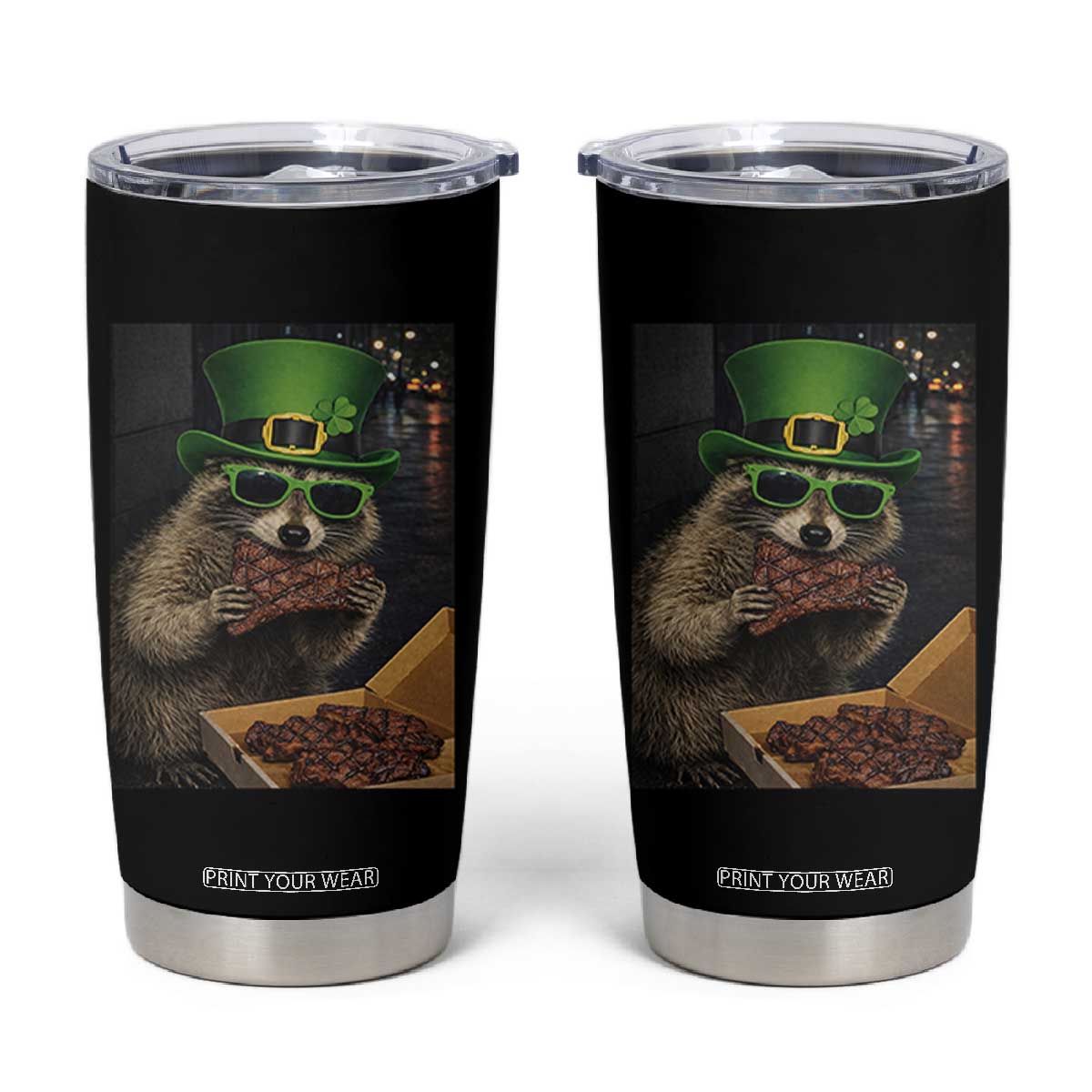 Funny Raccoon St Patrick's Day Tumbler Cup Raccoon Eating Corned Beef Meme TS14 Black Print Your Wear