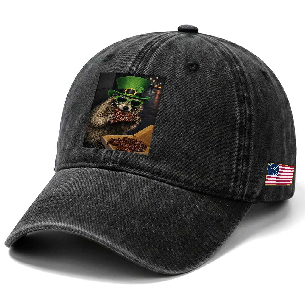 Funny Raccoon St Patrick's Day Washed Cotton Baseball Cap Raccoon Eating Corned Beef Meme TS14 Print Your Wear