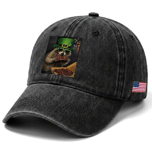 Funny Raccoon St Patrick's Day Washed Cotton Baseball Cap Raccoon Eating Corned Beef Meme TS14 Print Your Wear