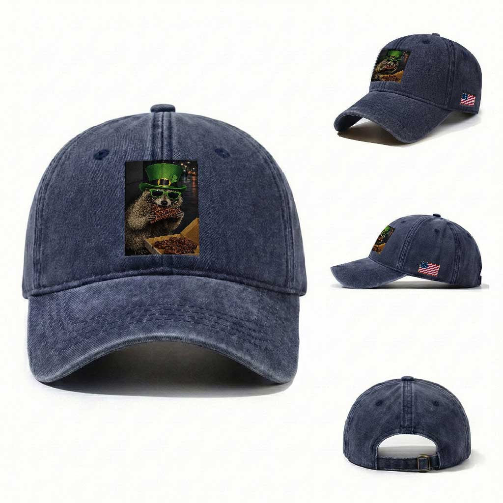 Funny Raccoon St Patrick's Day Washed Cotton Baseball Cap Raccoon Eating Corned Beef Meme TS14 Washed Cap Universal Fit Navy Print Your Wear