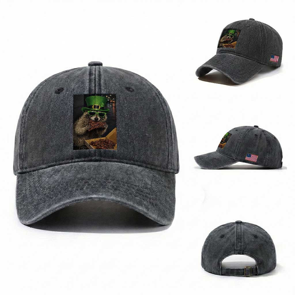 Funny Raccoon St Patrick's Day Washed Cotton Baseball Cap Raccoon Eating Corned Beef Meme TS14 Washed Cap Universal Fit Dark Gray Print Your Wear
