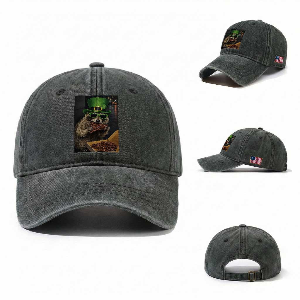 Funny Raccoon St Patrick's Day Washed Cotton Baseball Cap Raccoon Eating Corned Beef Meme TS14 Washed Cap Universal Fit Dark Green Print Your Wear