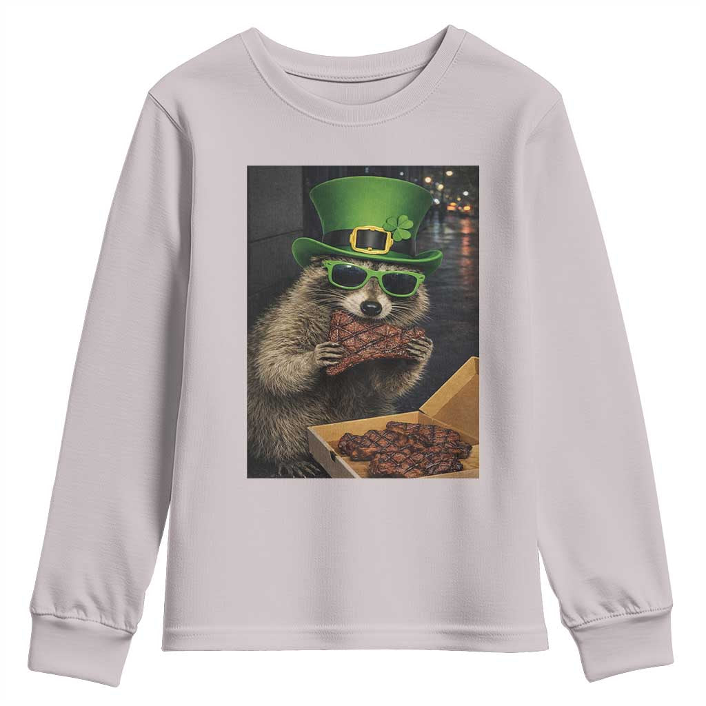 Funny Raccoon St Patrick's Day Youth Sweatshirt Raccoon Eating Corned Beef Meme TS14 Ice Gray Print Your Wear