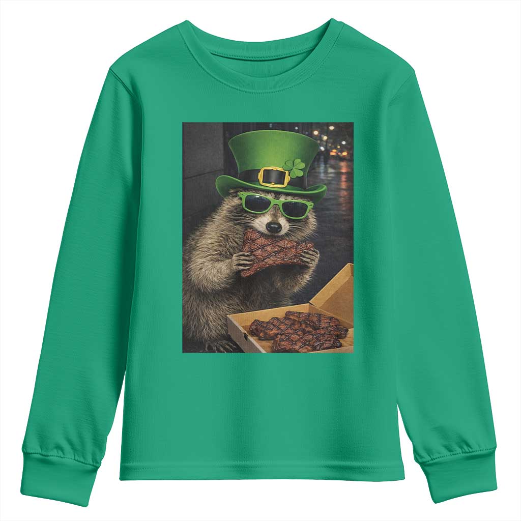 Funny Raccoon St Patrick's Day Youth Sweatshirt Raccoon Eating Corned Beef Meme TS14 Irish Green Print Your Wear