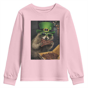 Funny Raccoon St Patrick's Day Youth Sweatshirt Raccoon Eating Corned Beef Meme TS14 Light Pink Print Your Wear