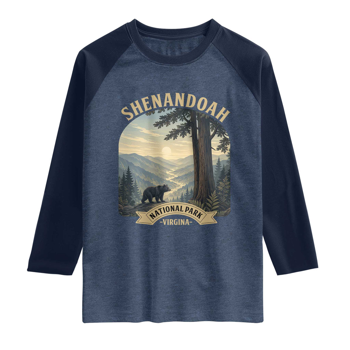Shenandoah National Park Raglan Shirt Vintage Virginia Nature Mountain Bear TS14 Heather Denim Navy Print Your Wear