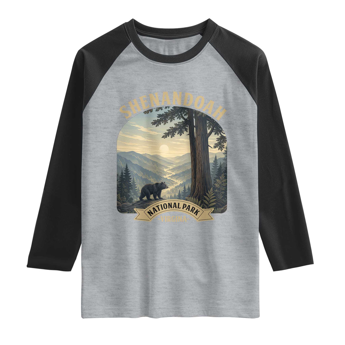 Shenandoah National Park Raglan Shirt Vintage Virginia Nature Mountain Bear TS14 Heather Gray Black Print Your Wear