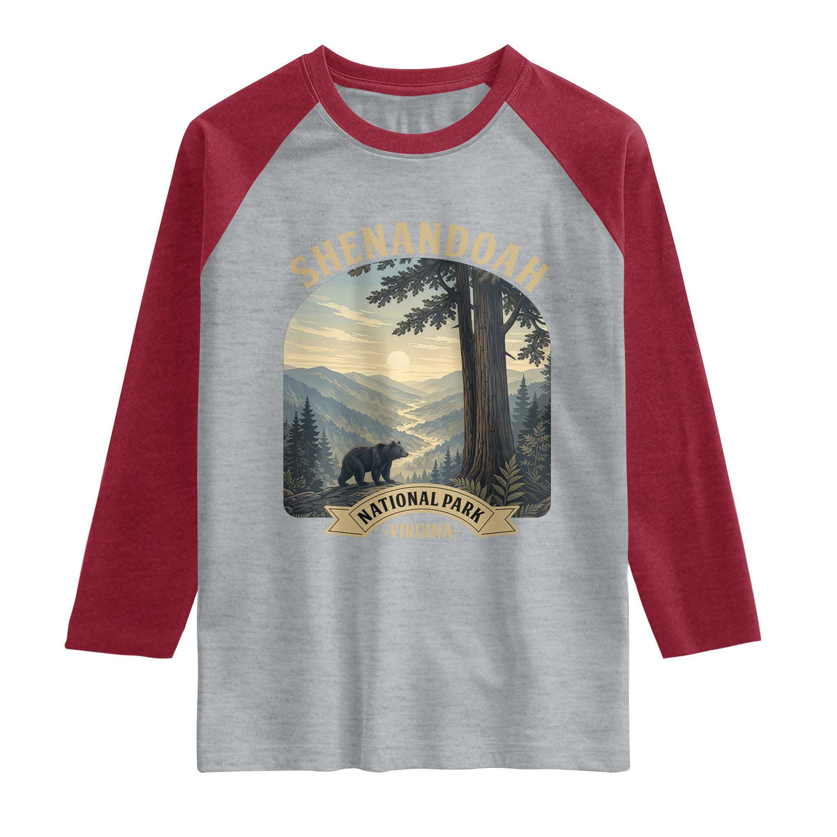 Shenandoah National Park Raglan Shirt Vintage Virginia Nature Mountain Bear TS14 Heather Gray Heather Red Print Your Wear