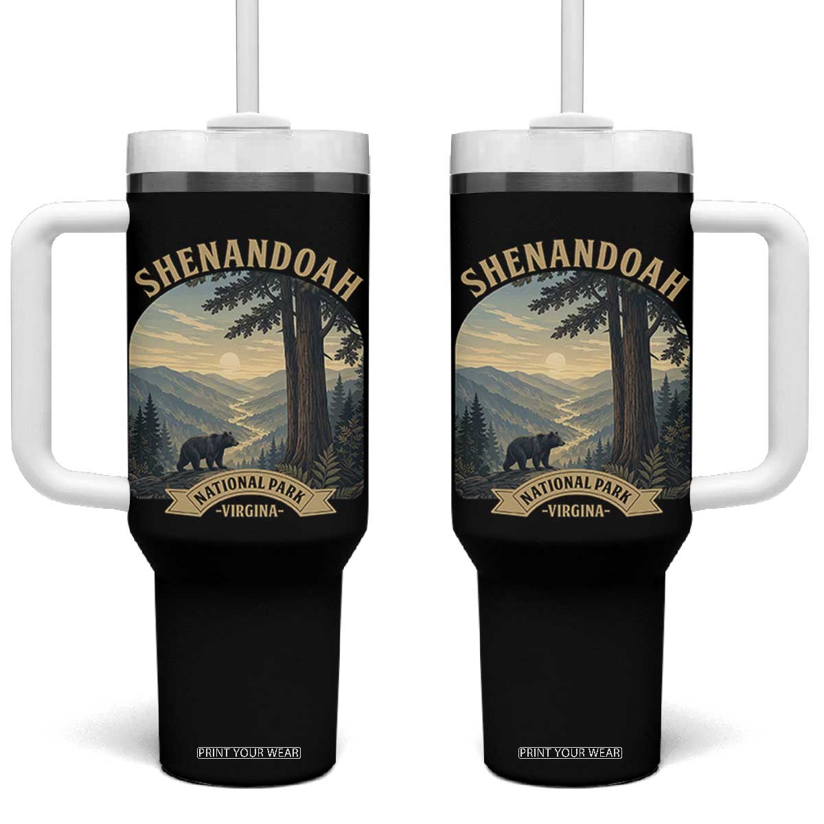 Shenandoah National Park Tumbler With Handle Vintage Virginia Nature Mountain Bear TS14 One Size: 40 oz Black Print Your Wear