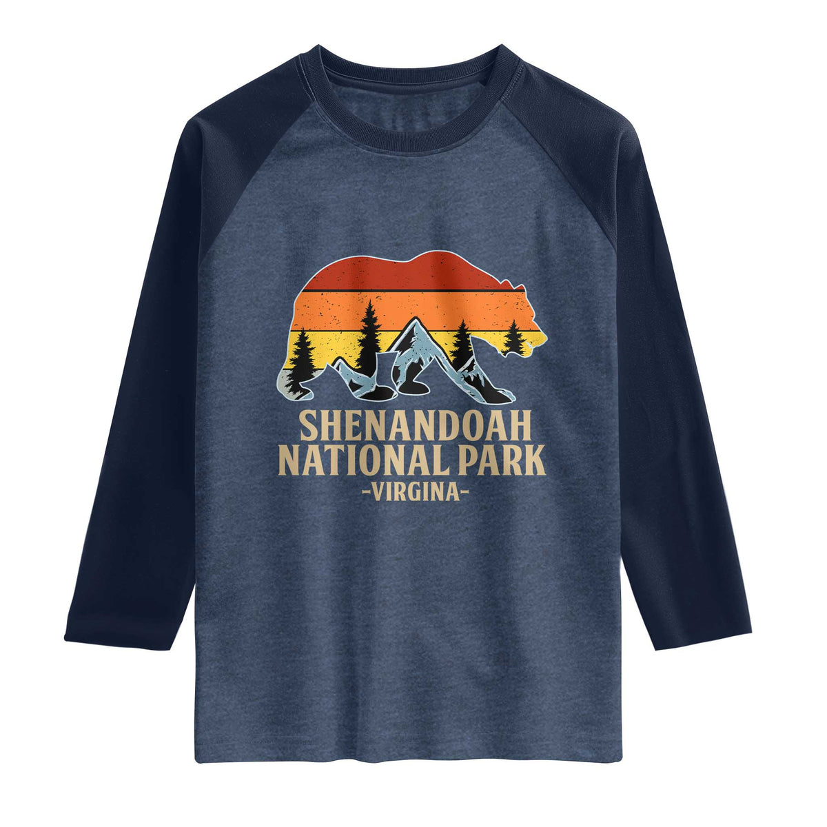 Shenandoah National Park Raglan Shirt Vintage Virginia Mountains Bear TS14 Heather Denim Navy Print Your Wear