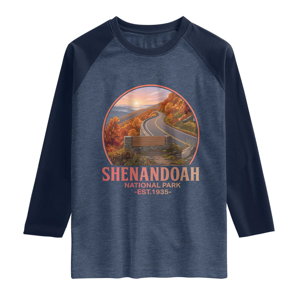 Shenandoah National Park Raglan Shirt Vintage Virginia Mountain Landscape TS14 Heather Denim Navy Print Your Wear