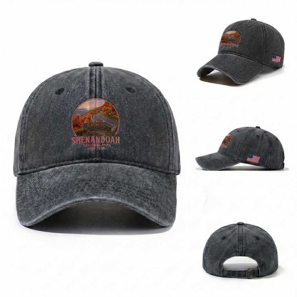 Shenandoah National Park Washed Cotton Baseball Cap Vintage Virginia Mountain Landscape TS14 Washed Cap Universal Fit Dark Gray Print Your Wear