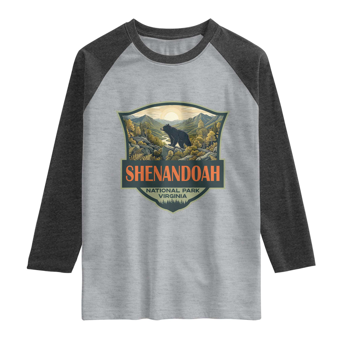 Shenandoah National Park Raglan Shirt Virginia Black Bear Mountain TS14 Heather Gray Heather Charcoal Print Your Wear