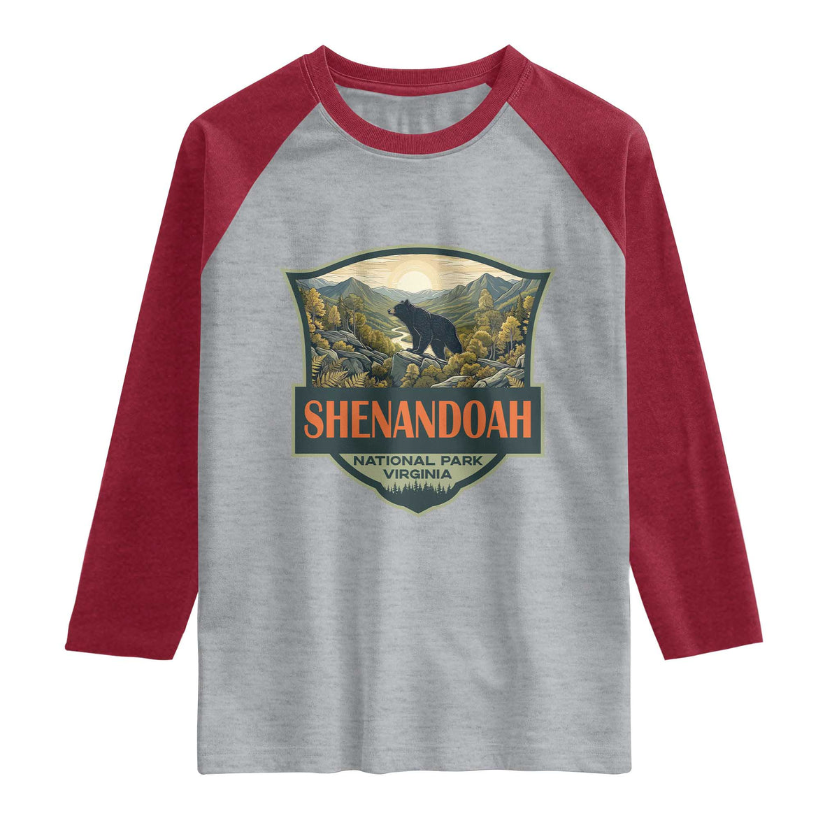 Shenandoah National Park Raglan Shirt Virginia Black Bear Mountain TS14 Heather Gray Heather Red Print Your Wear