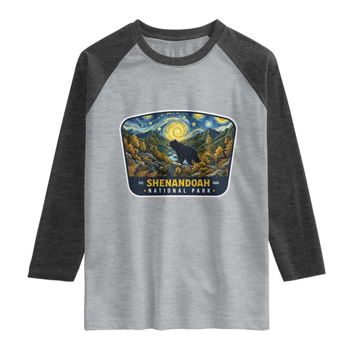 Shenandoah National Park Raglan Shirt Starry Night Virginia Bear Mountain TS14 Heather Gray Heather Charcoal Print Your Wear