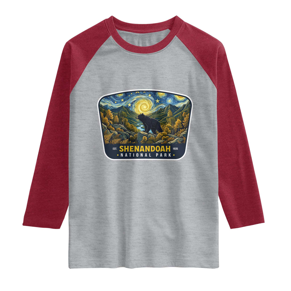 Shenandoah National Park Raglan Shirt Starry Night Virginia Bear Mountain TS14 Heather Gray Heather Red Print Your Wear