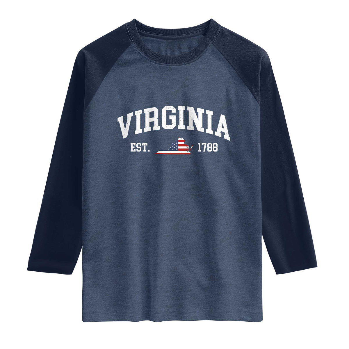 Virginia American Flag Map Raglan Shirt State Travel Souvenir TS14 Heather Denim Navy Print Your Wear