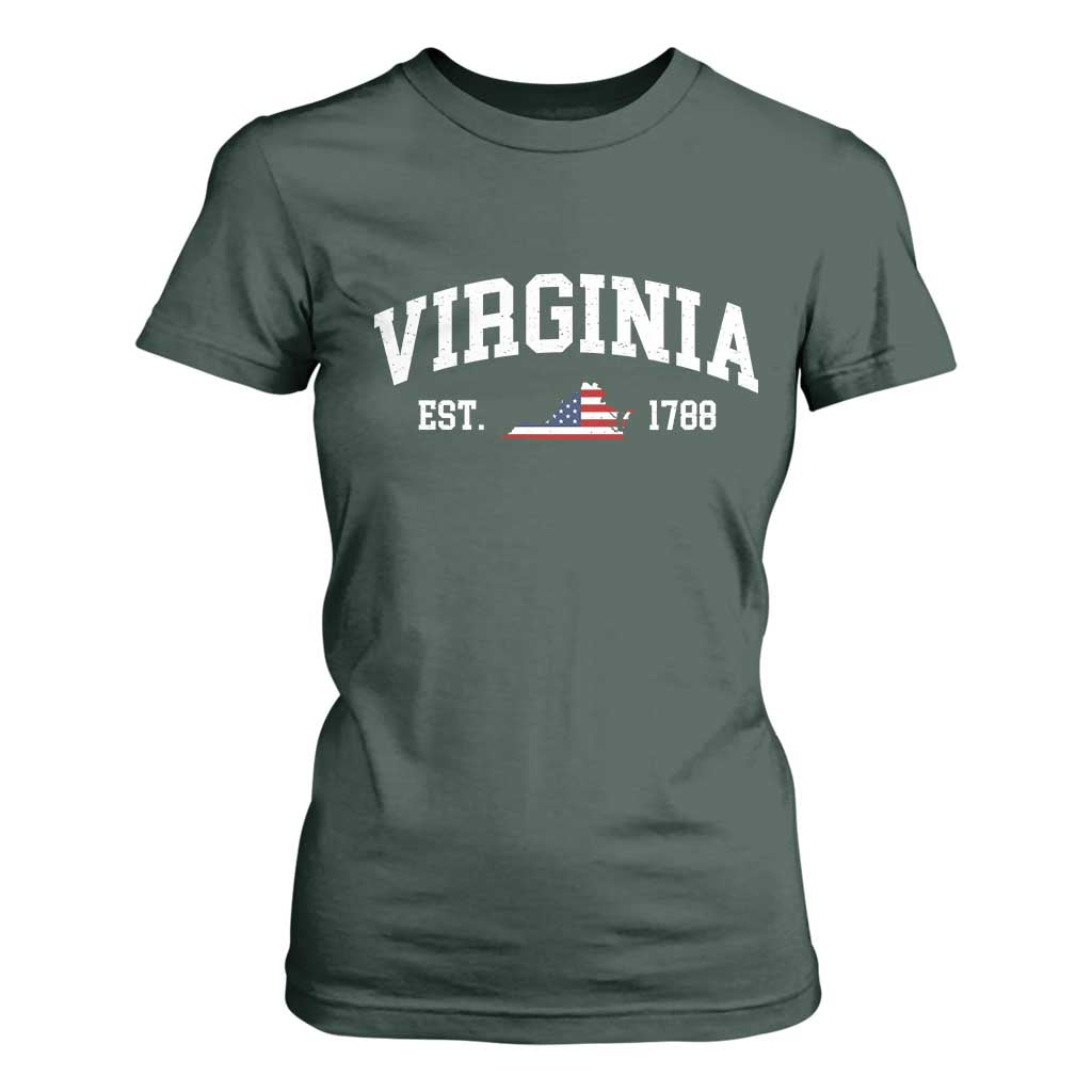 Virginia American Flag Map T Shirt For Women State Travel Souvenir TS14 Dark Forest Green Print Your Wear