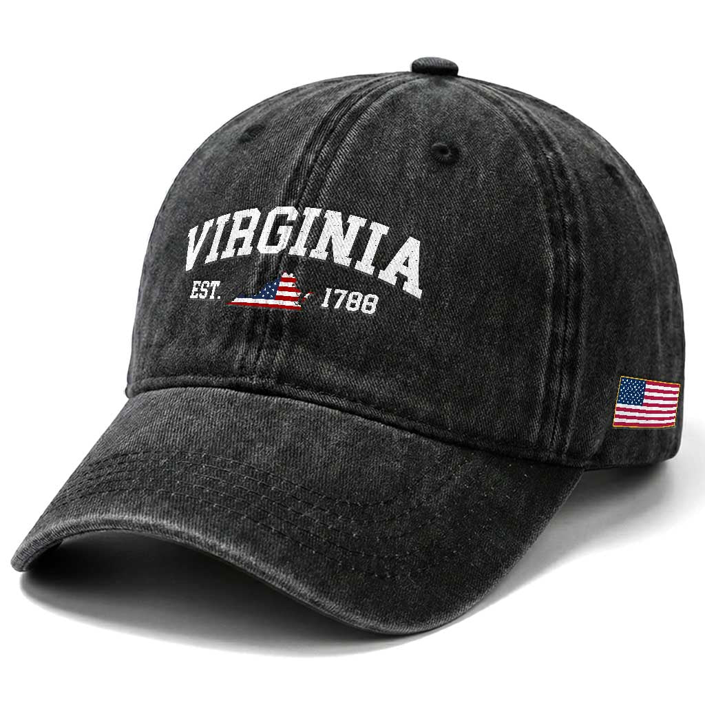 Virginia American Flag Map Washed Cotton Baseball Cap State Travel Souvenir TS14 Print Your Wear