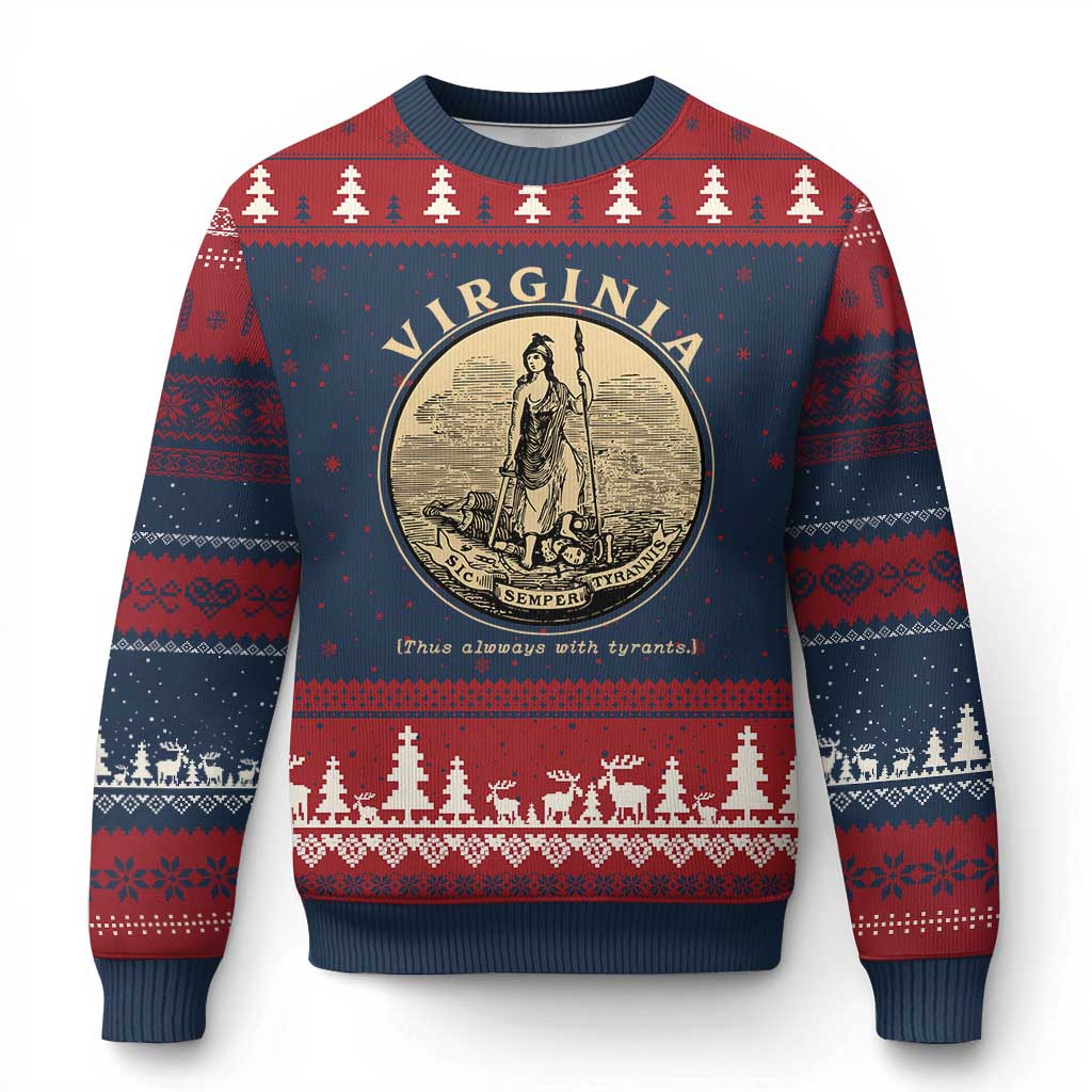Vintage Virginia Motto Sic Semper Tyrannis Ugly Christmas Sweater TS14 Navy Red Print Your Wear